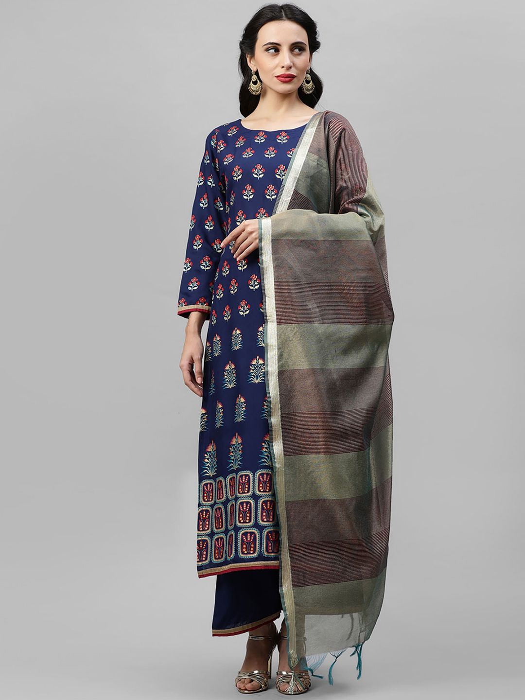 Women Navy Blue & Grey Printed Kurta with Patiala & Dupatta