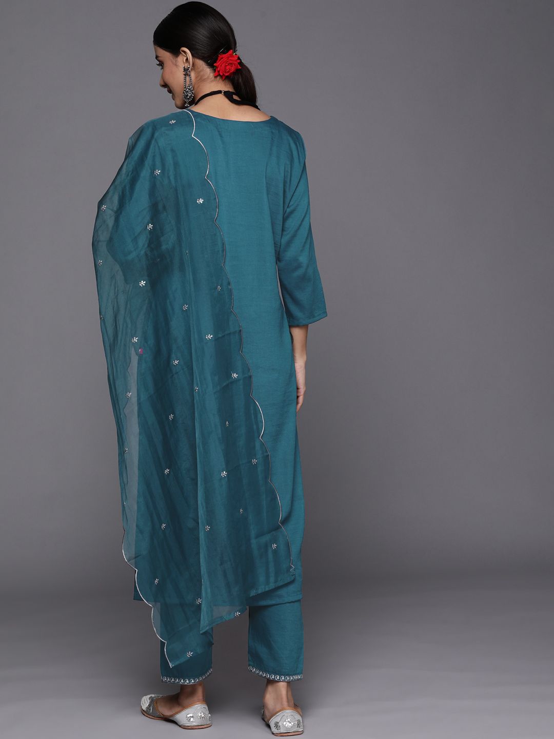 Dhiyona VA Women'sEthnic Zari Embroidered Sequence Embellished Kurta with Trouser & Dupatta