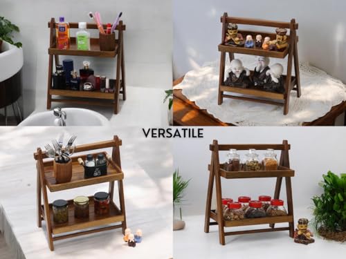 Vesta Homes Foldable Home and Kitchen Organizer Countertop Tiered Shelf Rack/Double Tray/Storage Shelves/Spice Shelf/Wooden Organizer for Office, Bedroom | 43 x 23 x 38 cms | Handcrafted in India
