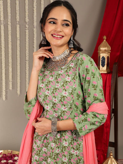 Indyancart VA Women'sEthnic Motifs Printed Pure Cotton Regular Kurta with Trousers & With Dupatta