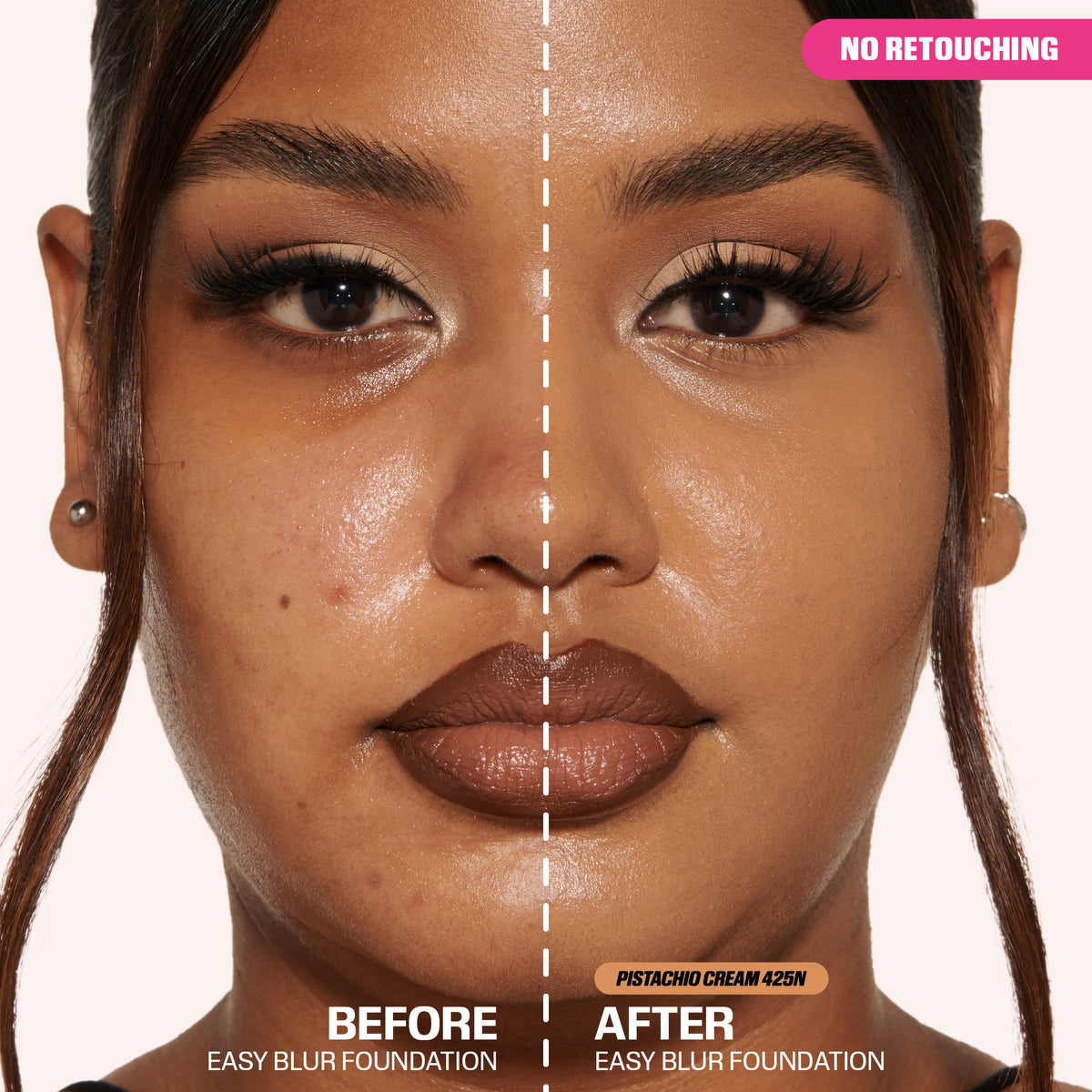 Huda Beauty Easy Blur Natural Airbrush Foundation in Pistachio Cream 425N with Niacinamide, showing the foundation bottle and applicator
