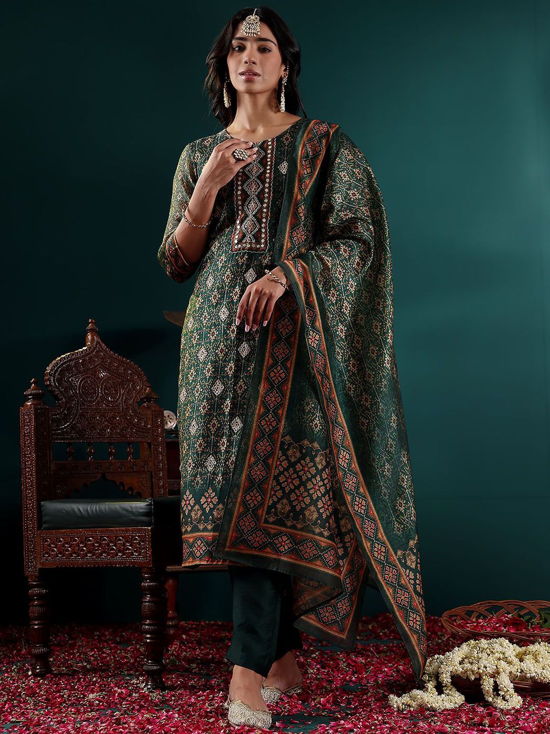 Indyancart VA Women's Ethnic Motifs Embroidered Regular Chanderi Silk Kurta with Trousers & With Dupatta
