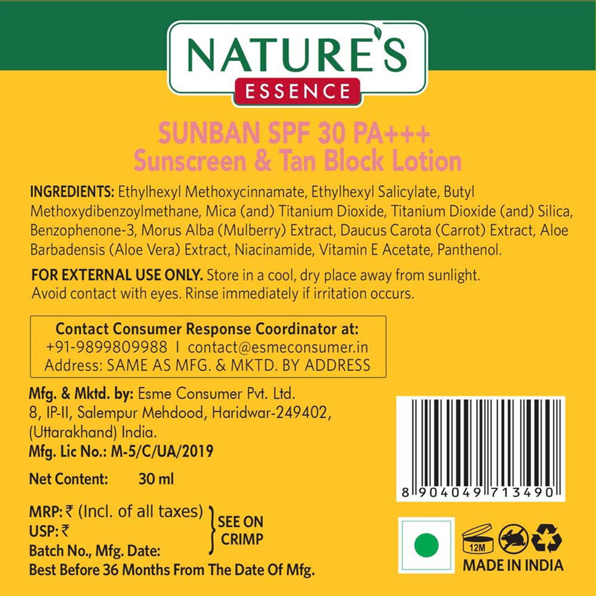 Nature's Essence Sunban Spf 30 Pa+++ Sunscreen & Tan Block Lotion