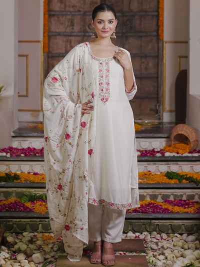 Dhiyona IE Women Floral Embroidered Regular Thread Work Kurta with Trousers & With Dupatta