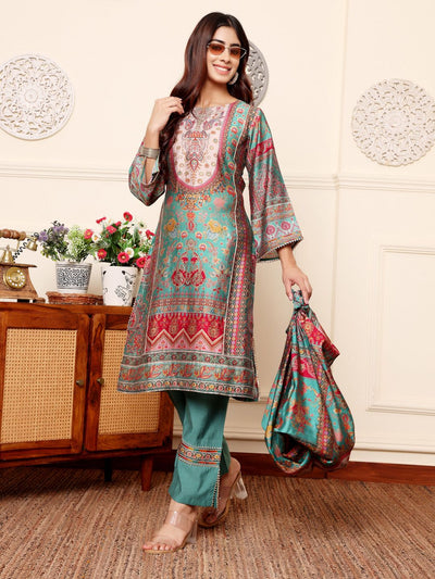 Indyancart VA Women'sEthnic Motifs Printed Chanderi Silk Tunic With Trousers