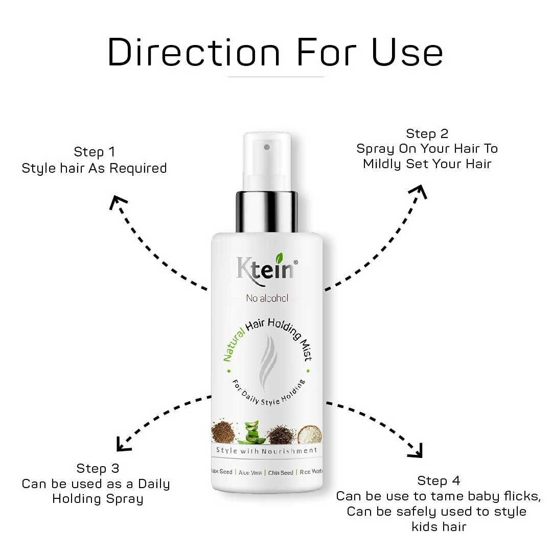 Ktein natural hair holding spray without alcohol, spray bottle with product label, designed to hold hairstyles securely.