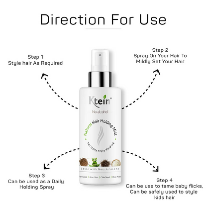 Ktein natural hair holding spray without alcohol, spray bottle with product label, designed to hold hairstyles securely.