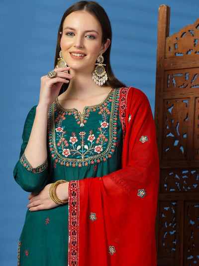 Indyancart SN Women's Floral Embroidered Sequinned Straight Kurta with Trouser & Dupatta