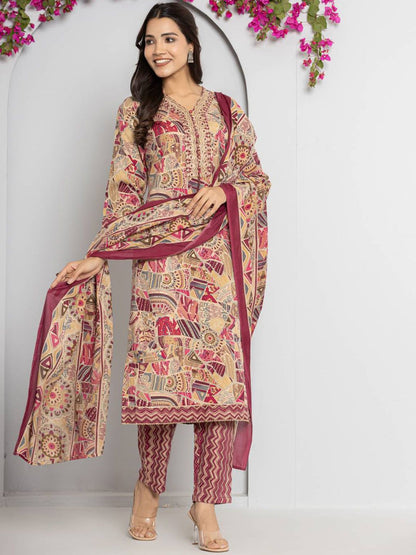 Indyancart VA Women's Abstract Printed Neck Embroidered Regular Kurta with Trouser & Dupatta