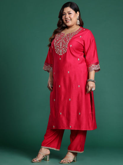 Indyancart IE Plus Size Ethnic Motifs Embroidered Sequinned Liva Kurta With Trousers & Dupatta