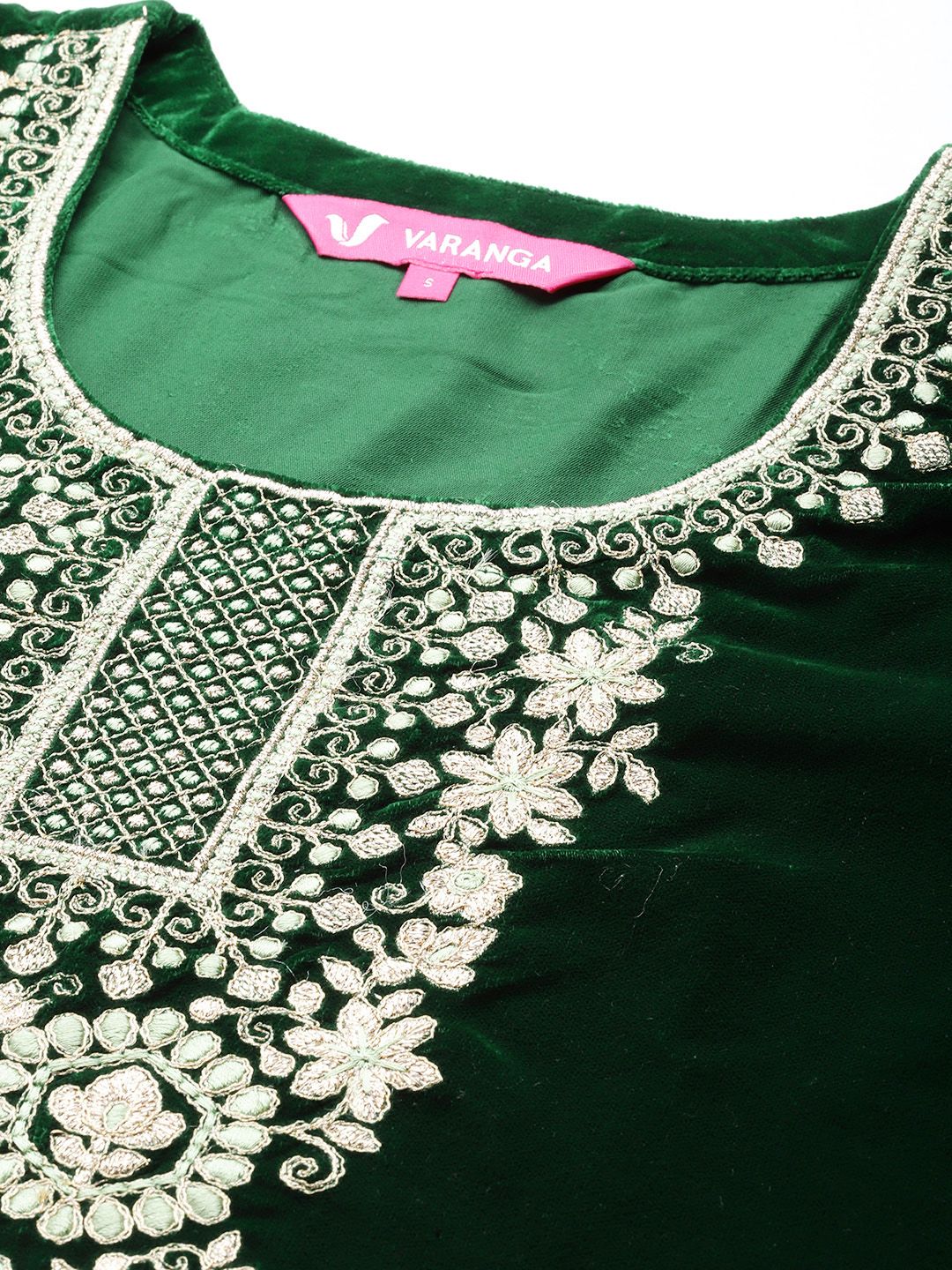 Indyancart VA Women'sWinter floral Zari Embroidered Velvet Kurta Set with Dupatta.