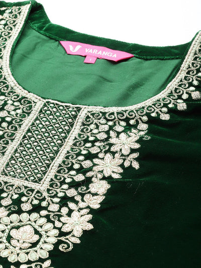 Indyancart VA Women'sWinter floral Zari Embroidered Velvet Kurta Set with Dupatta.