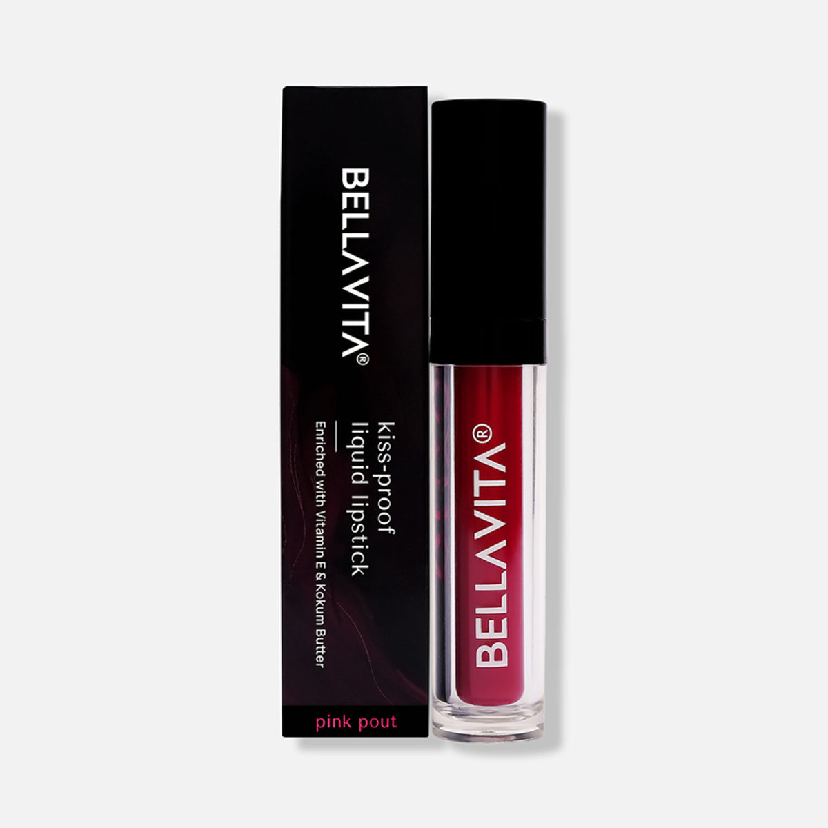 Bella Vita Organic Kiss-Proof Liquid Lipstick in Pink Pout, showing smooth, vibrant pink lipstick with a matte finish.