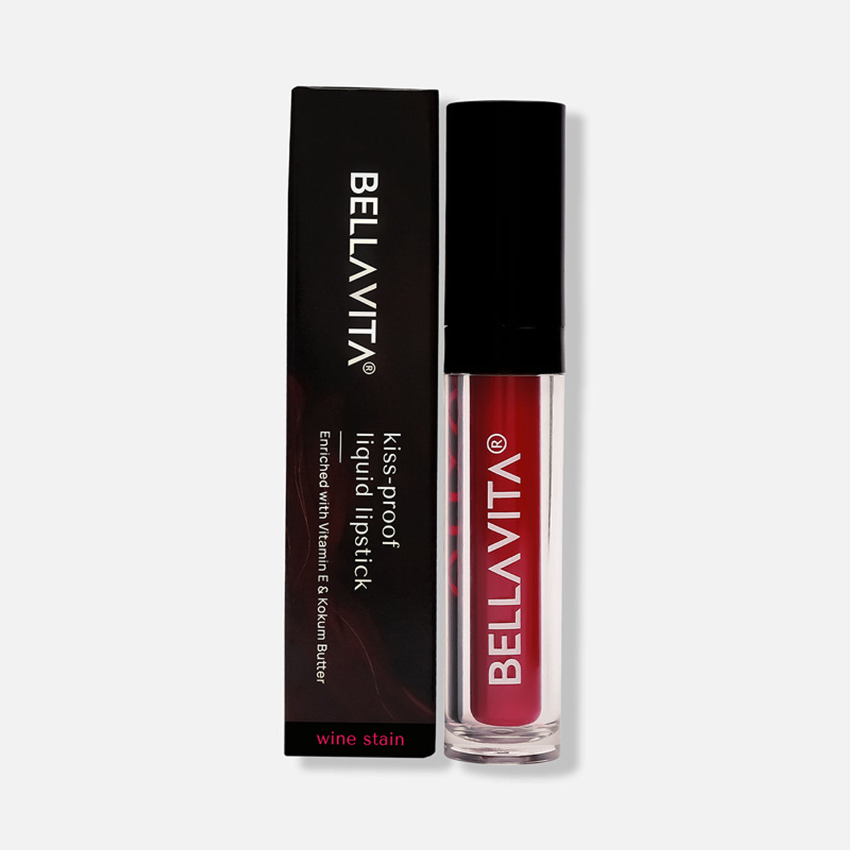 Bella Vita Organic Kiss-Proof Liquid Lipstick in Wine Stain, showcasing the deep wine-colored liquid lipstick on smooth lips.
