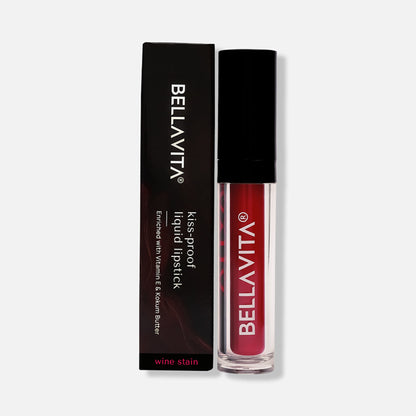 Bella Vita Organic Kiss-Proof Liquid Lipstick in Wine Stain, showcasing the deep wine-colored liquid lipstick on smooth lips.