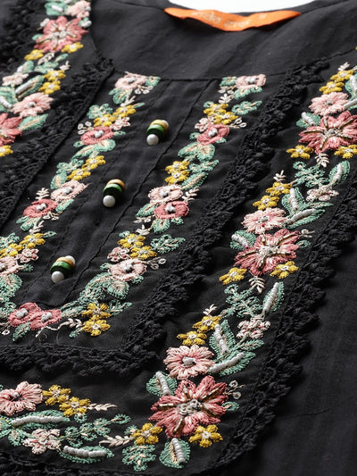 Dhiyona IE Floral Embroidered Thread Work Linen Kurta With Trousers & Dupatta