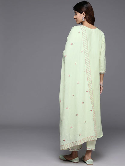 Indyancart VA Women'sFloral Embroidered Pure Cotton Straight Kurta With Trousers & Dupatta