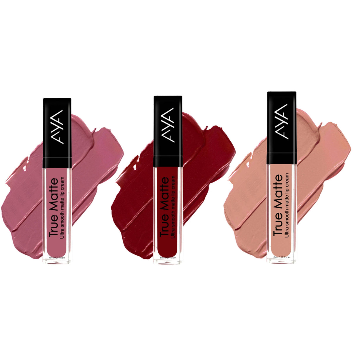 Set of three AYA True Matte Liquid Lipsticks in various shades, featuring sleek tubes and applicators.