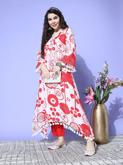 Indyancart VA Women'sWinter Floral Printed V-Neck A-Line Woolen Kurta Set with Tesselled Hem
