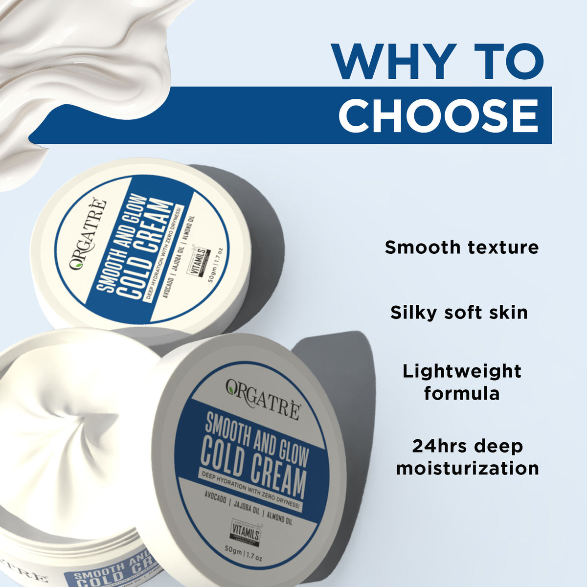 Orgatre Smooth And Glow Cold Cream Deep Hydration With Avacado Jajoba & Almond Oil 24Hr Moisturizer