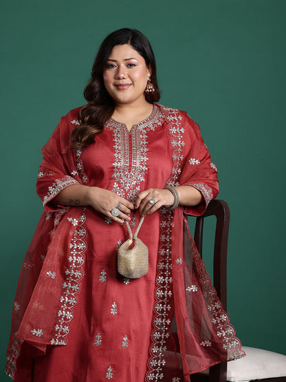 Indyancart IE Plus Size Ethnic Motifs Embroidered Gotta Patti Kurta Set