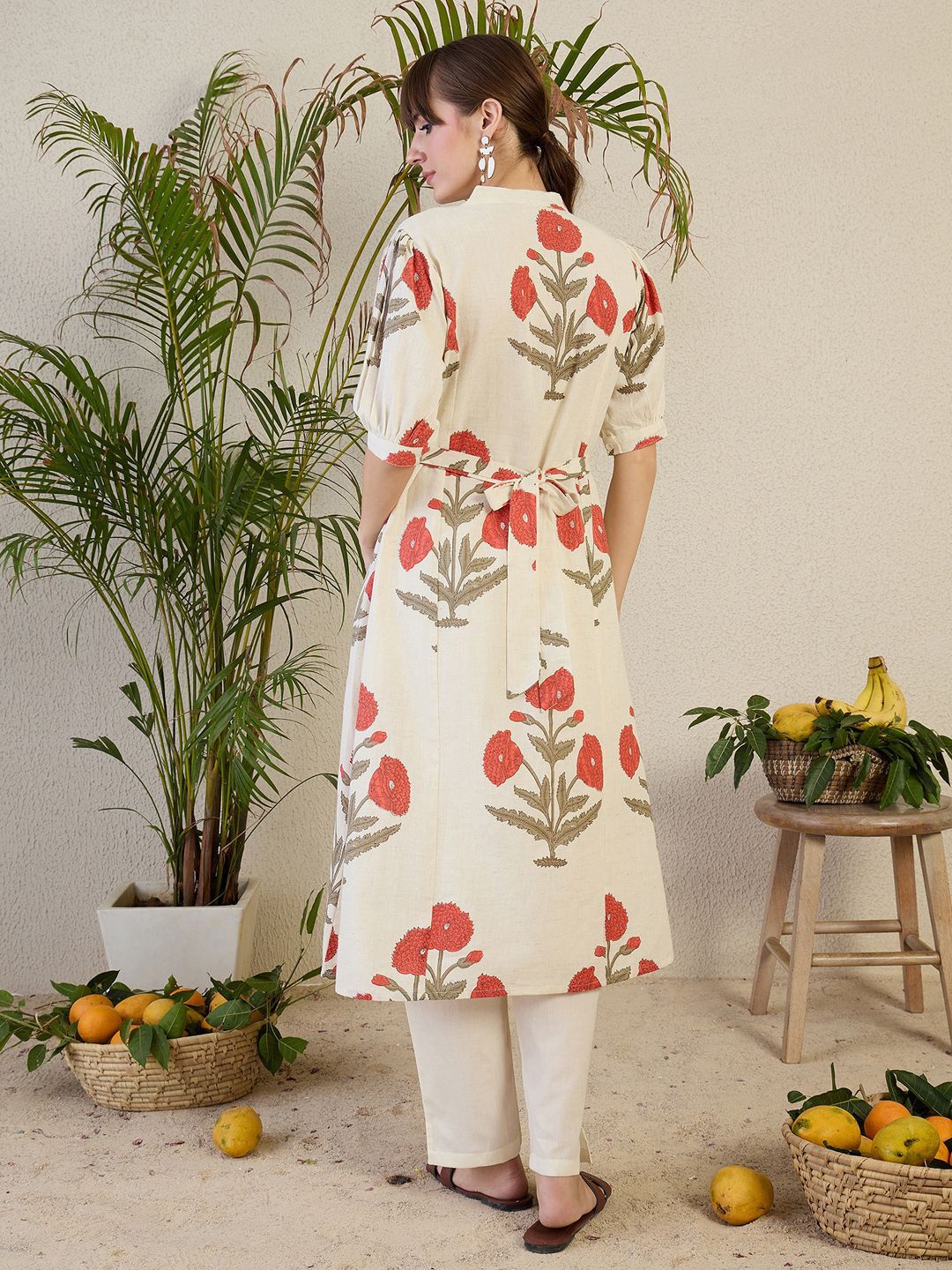 Indyancart IE Floral Printed Mandarin Collar A-Line Kurta