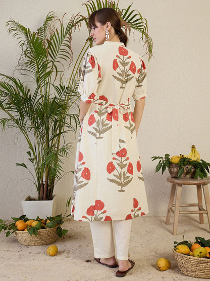 Indyancart IE Floral Printed Mandarin Collar A-Line Kurta