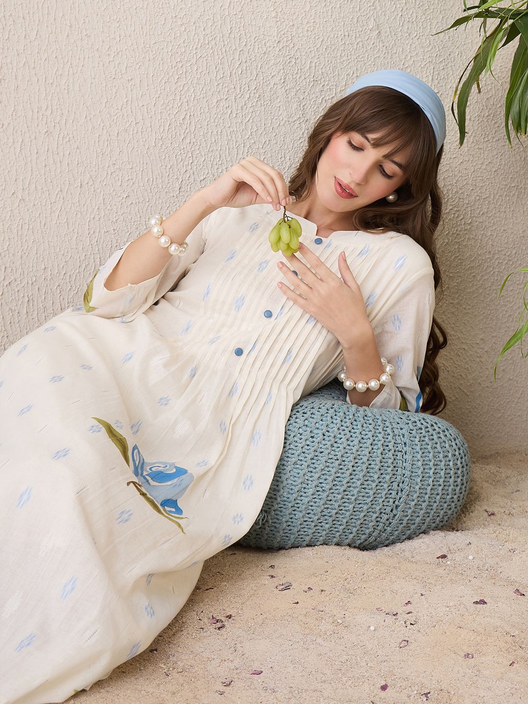 Floral Printed Notch Neck Pure Cotton A-Line Kurta With Trousers