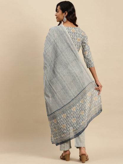 Dhiyona SN Women's Grey Ethnic Printed Thread Work Pure Cotton Kurta With Trouser & Dupatta Set