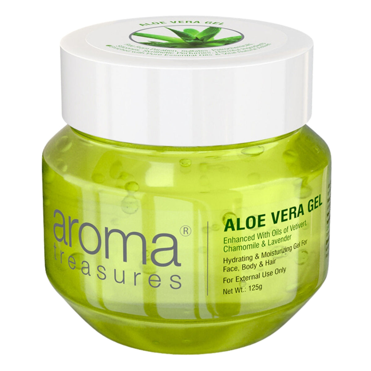 Aroma Treasures Aloe Vera Gel in a clear jar with aloe vera leaves, showcasing a soothing, natural skincare product.