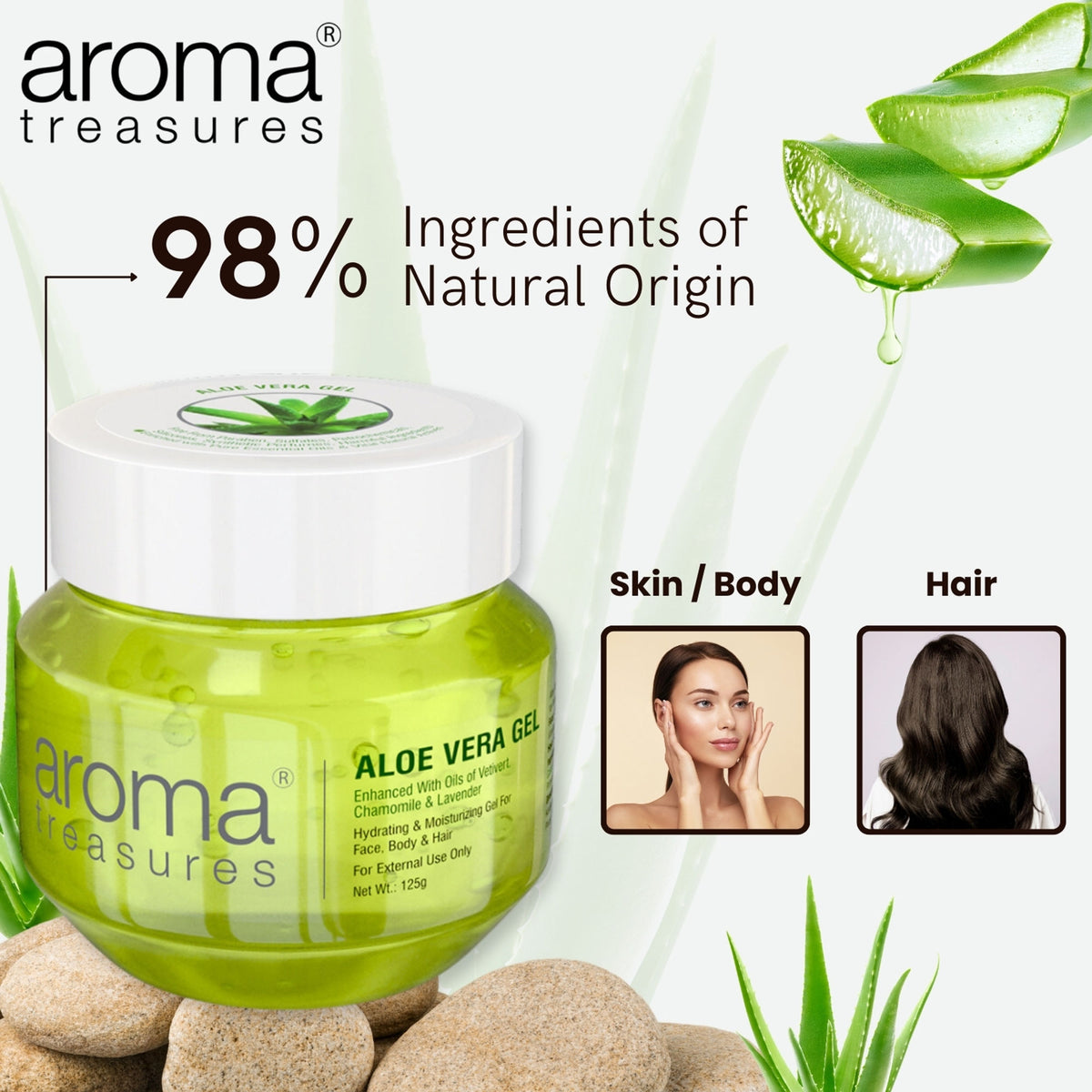 Aloe Vera Gel in a clear tube with Aloe Treasures branding, showcasing the soothing and hydrating skincare product.