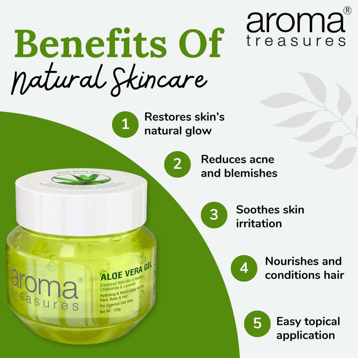 Aloe Vera gel from Aroma Treasures in a clear tube, showing fresh aloe vera plant and the gel inside.