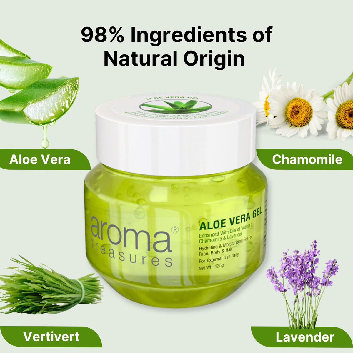 Aloe Vera Gel from Aroma Treasures in a clear jar, showcasing the smooth, soothing gel inside.