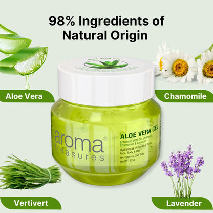 Aloe Vera Gel from Aroma Treasures in a clear jar, showcasing the smooth, soothing gel inside.