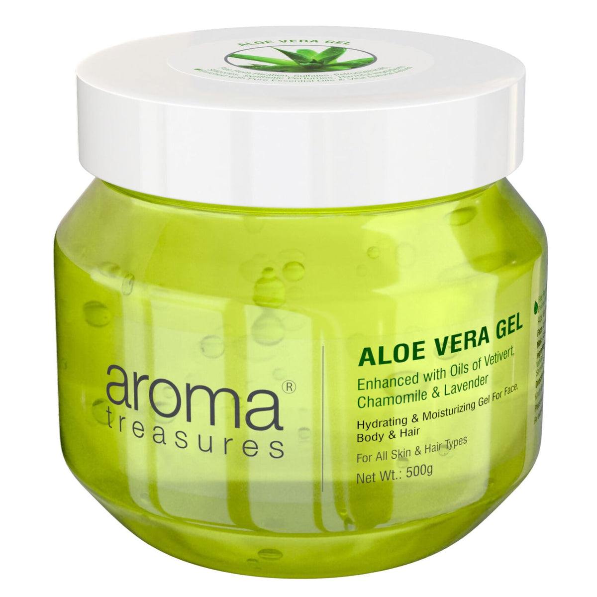 Aroma Treasures Aloe Vera Gel in a clear tube, showcasing the soothing gel product from the Aroma Treasures skincare line.