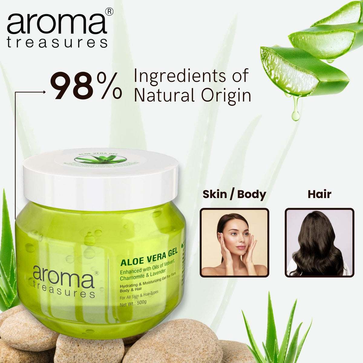 Aroma Treasures Aloe Vera Gel in a clear tube, showcasing smooth, transparent gel with aloe vera plant imagery on the label.