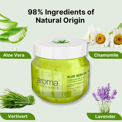 Aloe Vera gel from Aroma Treasures in a clear jar, showcasing fresh aloe vera extract and smooth gel texture.