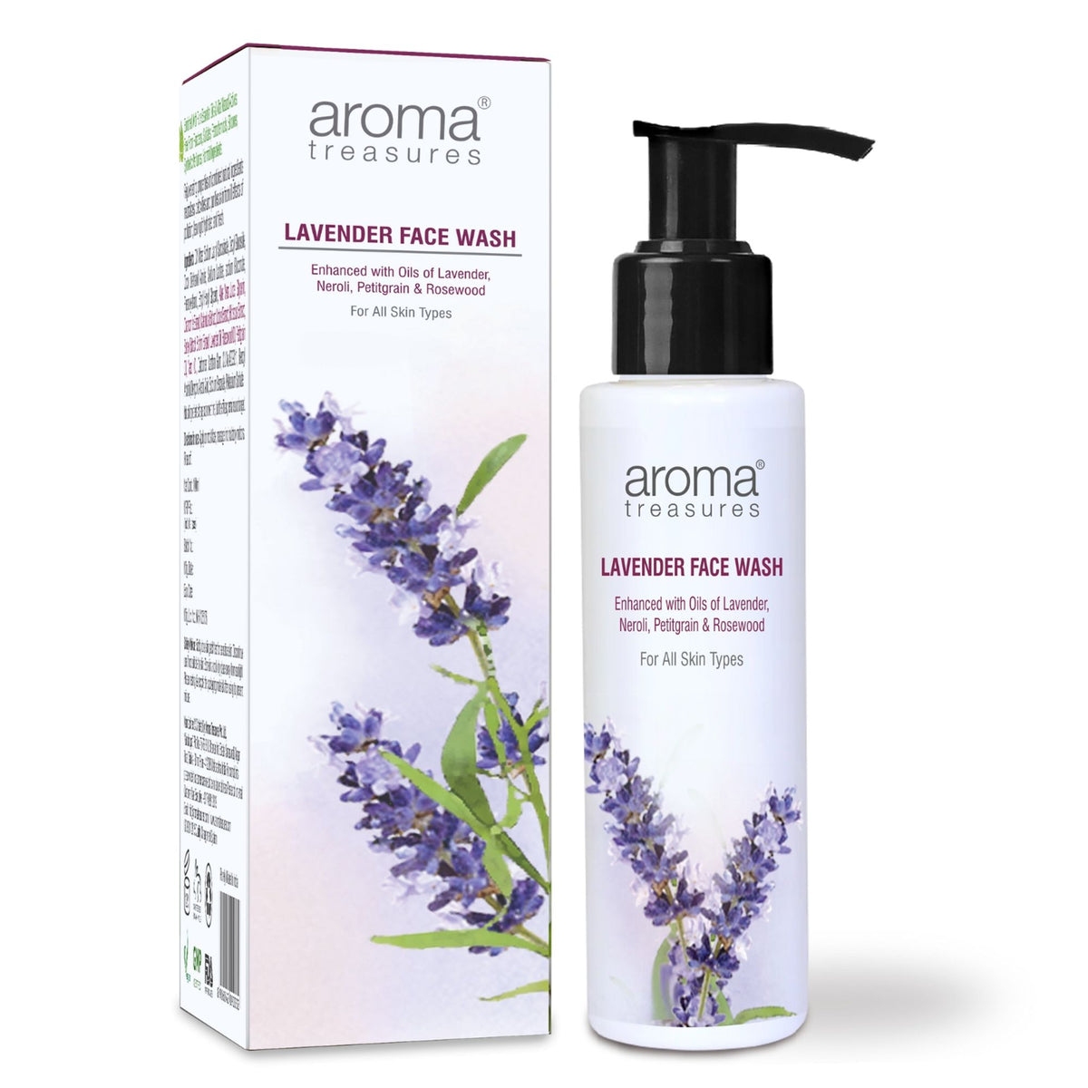 Aroma Treasures Lavender Face Wash bottle with lavender flowers, showcasing the product's soothing and natural skincare ingredients.