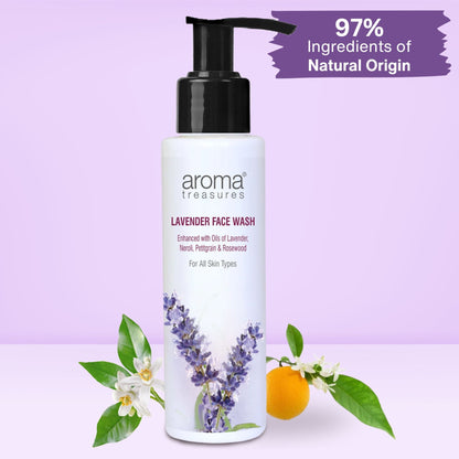 Aroma Treasures Lavender Face Wash bottle with lavender flowers and a clean, refreshing appearance for gentle skincare.