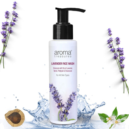 Aroma Treasures Lavender Face Wash bottle with lavender flowers and skincare ingredients on a white background.