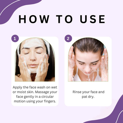 Aroma Treasures Lavender Face Wash bottle with lavender flowers and gentle foam, designed for cleansing and refreshing the skin.