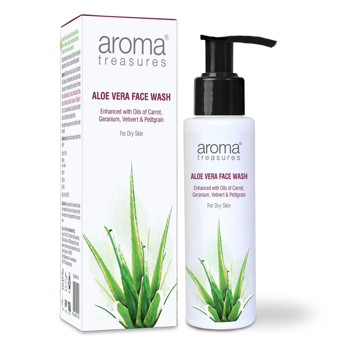 Aloe Vera Face Wash by Aroma Treasures with clear bottle and label, showcasing the gentle skincare product for clean, refreshed skin.