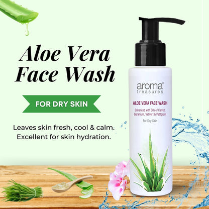Aloe Vera Face Wash by Aroma Treasures with clear gel texture, surrounded by aloe leaves on a clean white background.