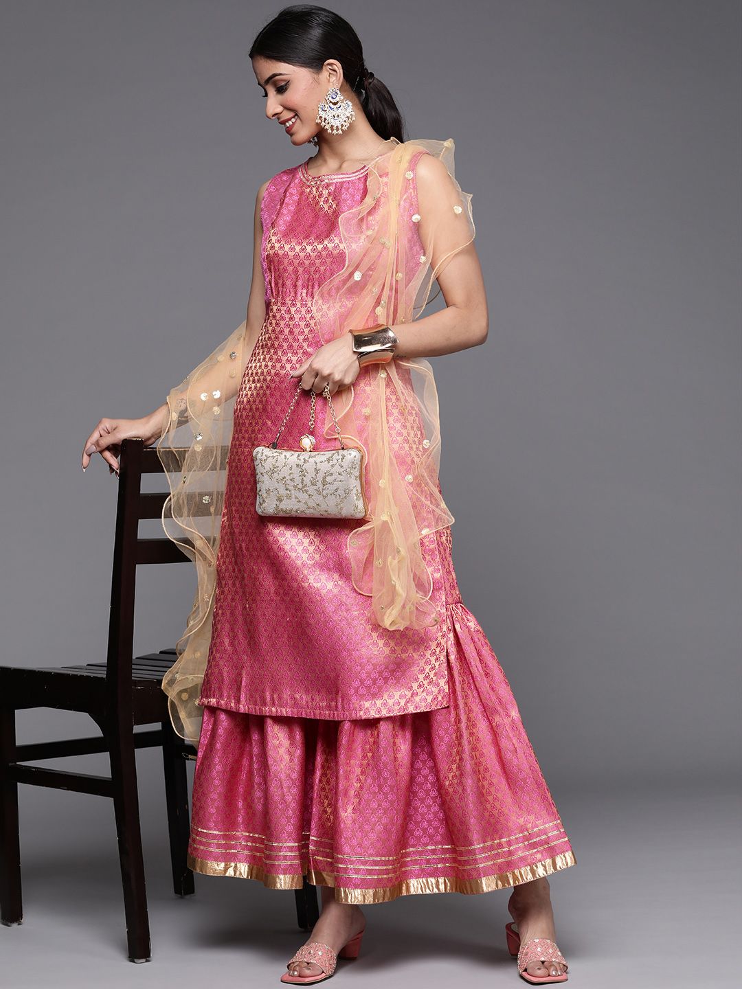 Indyancart VA Women's Peach-Coloured & Beige Floral Sequinned Kurta with Sharara & With Dupatta