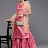 Indyancart VA Women's Peach-Coloured & Beige Floral Sequinned Kurta with Sharara & With Dupatta