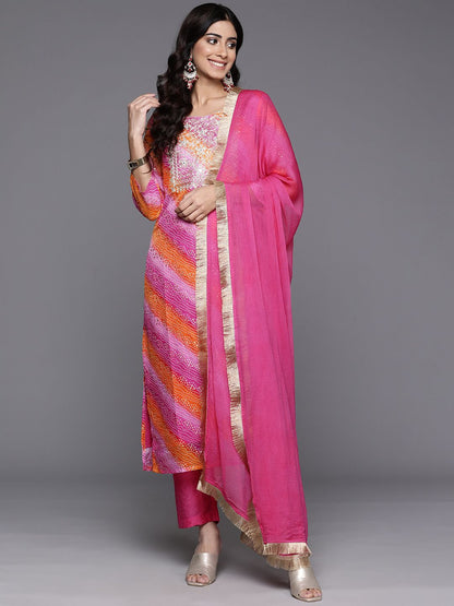 Dhiyona VA Women'sBandhani Embroidered Zari Kurta with Trousers & Dupatta