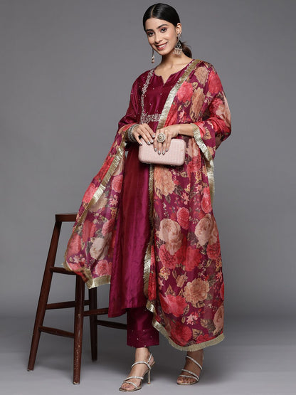 Indyancart VA Women's Yoke Design Sequinned Chanderi Silk Kurta With Trousers & Dupatta