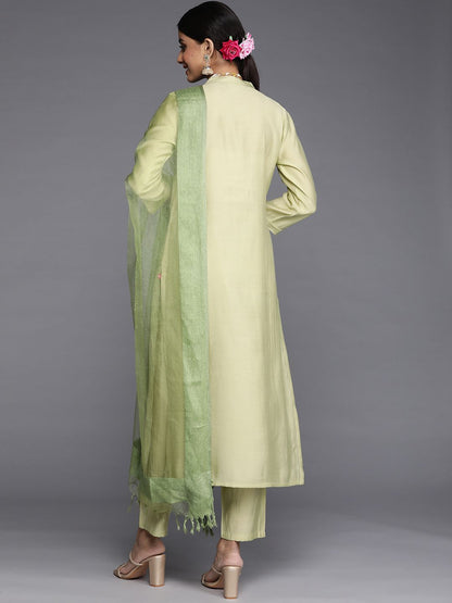Indyancart VA Women's Green Embroidered Empire Kurta with Trousers & With Dupatta
