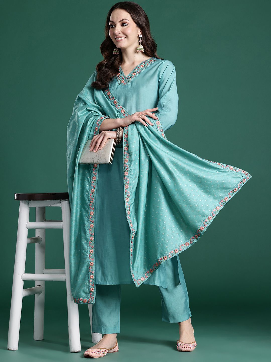 Floral Embroidered Thread Work Kurta with Trousers & With Dupatta