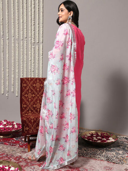 Dhiyona VA Women'sFloral Embroidered Chanderi Silk Straight Kurta With Trousers & Dupatta
